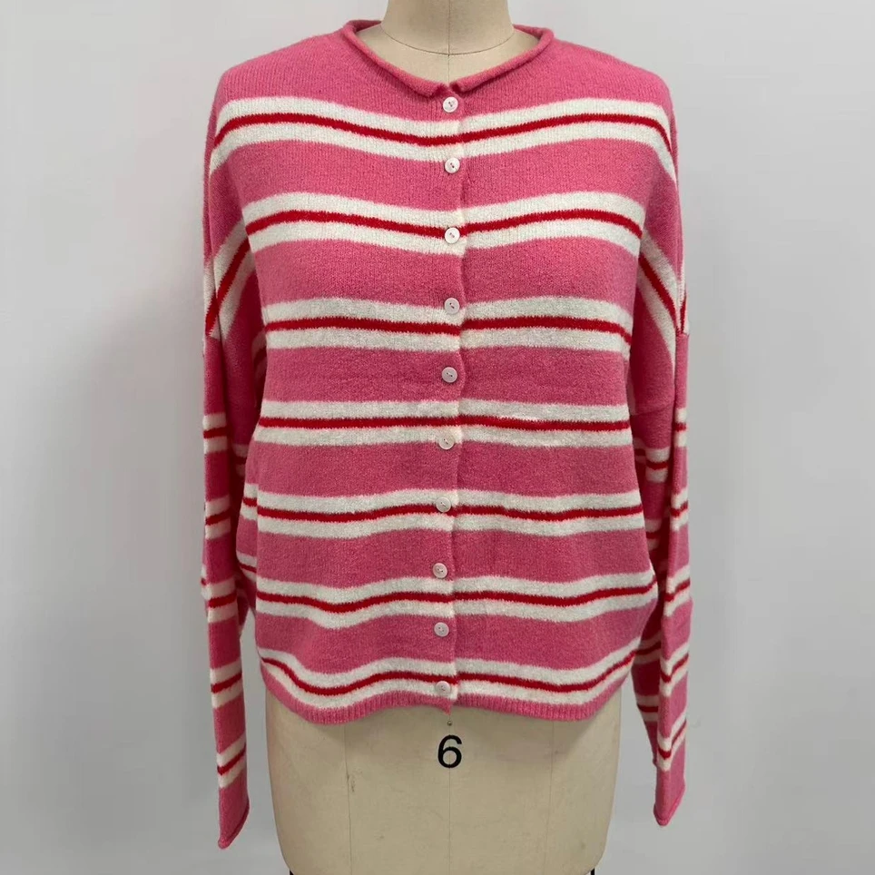 เสื้อสตรีลายทางติดกระดุมแขนยาว คอกลม สไตล์ลำลอง เสื้อสเวตเตอร์แบบสวมสำหรับฤดูใบไม้ร่วง เสื้อคาร์ดิแกนถักทันสมัยสำหรับใส่ในชีวิตประจำวัน