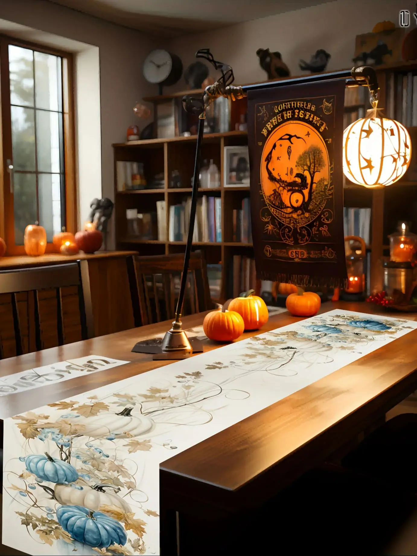 

1pc Autumn Thanksgiving table flag with blue and white pumpkin harvest and fallen leaves pattern, used for home decoration