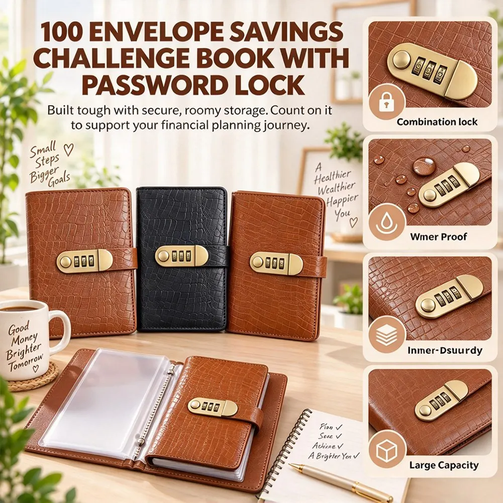 B50B-100 Envelopes Money Saving Challenge Book With Password Lock Money Saving Binder Book, Money Saving Book