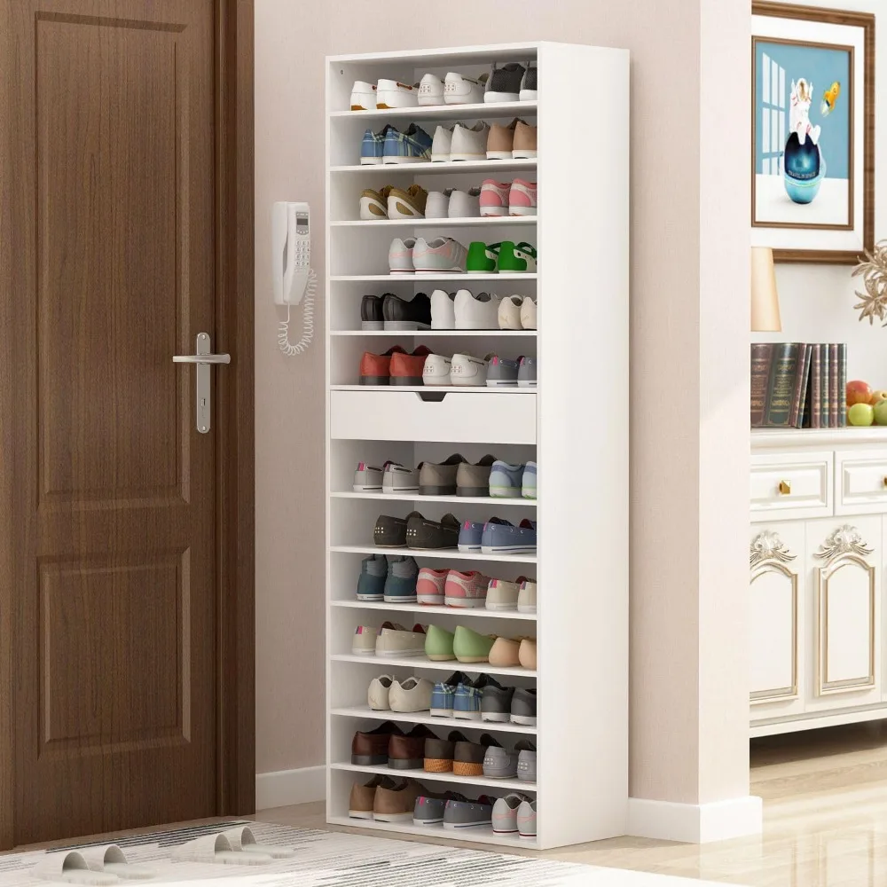 27.6” Large Shoe Cabinet with 13 Tier Open Shelves & Drawer, Large Shoe Organizer Shoe Storage Cabinet，Shoe Rack