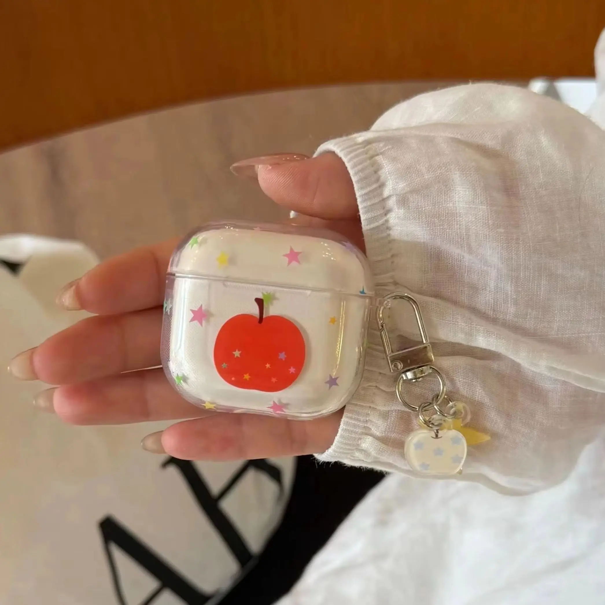 Simple Cute Colorful Stars Red Apple Pattern Transparent Glossy Surface Earphone Cover Case For AirPods 1 2 3 4 5 Pro Pro2 Pro3