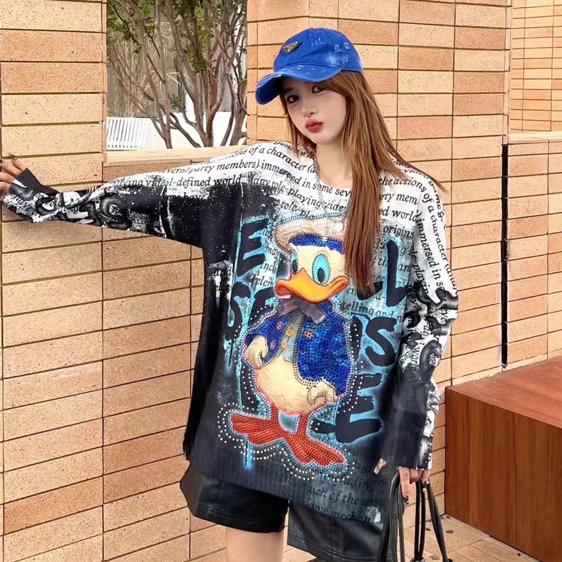 Langarm pullover weibliche Trend marke Schwerindustrie Hot Diamond Loose Fashion Tops Frauen Cartoon Rundhals ausschnitt Pullover Top