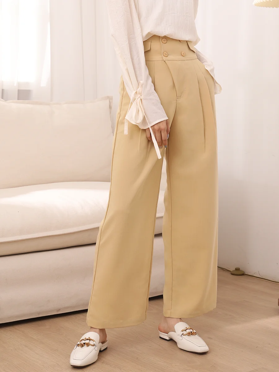 Pantaloni a Gamba Larga da Donna dal Design Originale, a Vita Alta, Morbidi e Drappeggiati, per Primavera e Autunno, Modellanti e Dritti