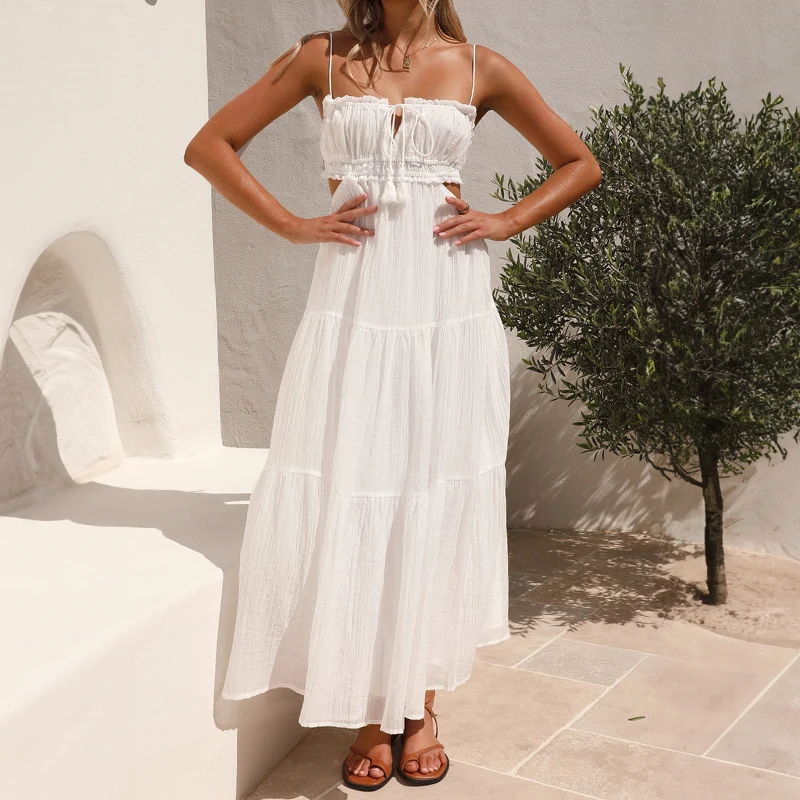 女性の綿の冷蔵庫のフリンジドレス、ミドルドレス、スパゲッティ、ハイウエスト、フローリー、カットアウト、段のロングドレス、自由奔放に生きる休暇の衣装、夏