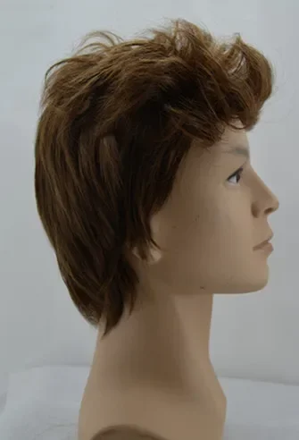 Fei-Show Wigs Inclined Bands Hair For Man Synthetic Heat Resistance Fiber Light Brown Male Hairpieces Short Curly Toupee