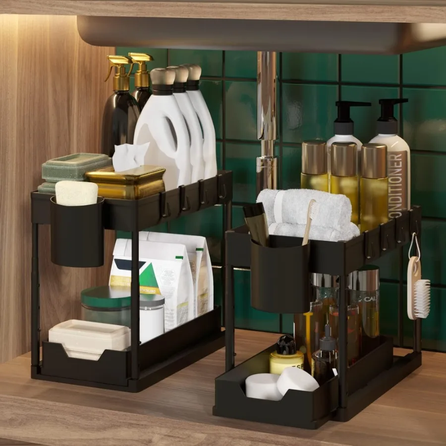 

Under Sink Organizers and Storage 2 Pack Adjustable Height 2 Tier Bathroom Organizer Under Sink with Sliding Drawers 2 Cups 4 H