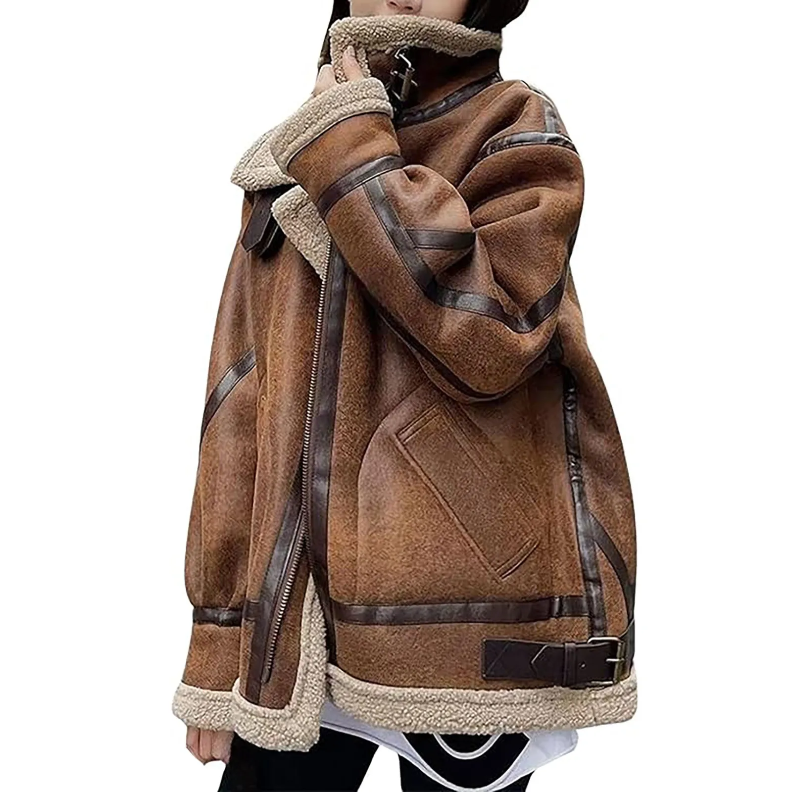 Vintage Thickened Lamb Wool Jacket For Women Oversized Faux Suede Moto Jackets Fleece Lined Leather Shearling Coat