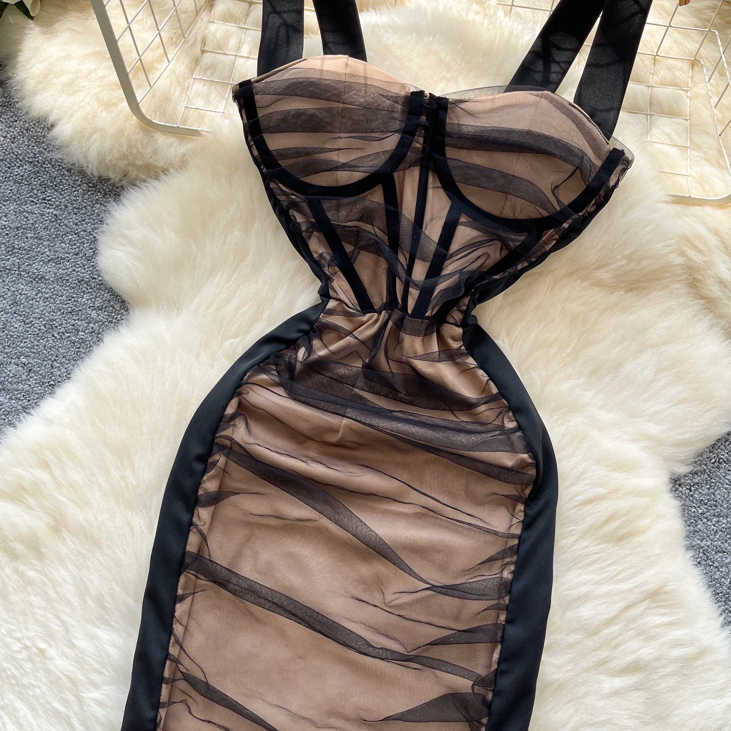 Chic vintage pleated slim mesh pencil dress Elegant Fairy korean fashion Boho Sundress women clothing