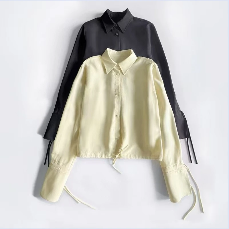 

24 year new Tencel linen blend POLO collar drawstring short shirt top
