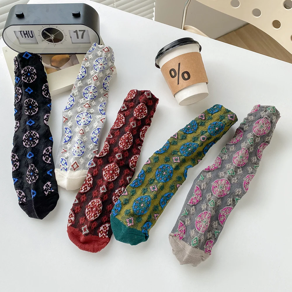 Calcetines largos de algodón con estampado de flores para mujer, conjuntos cómodos de moda, estilo coreano, otoño e invierno, 3 pares