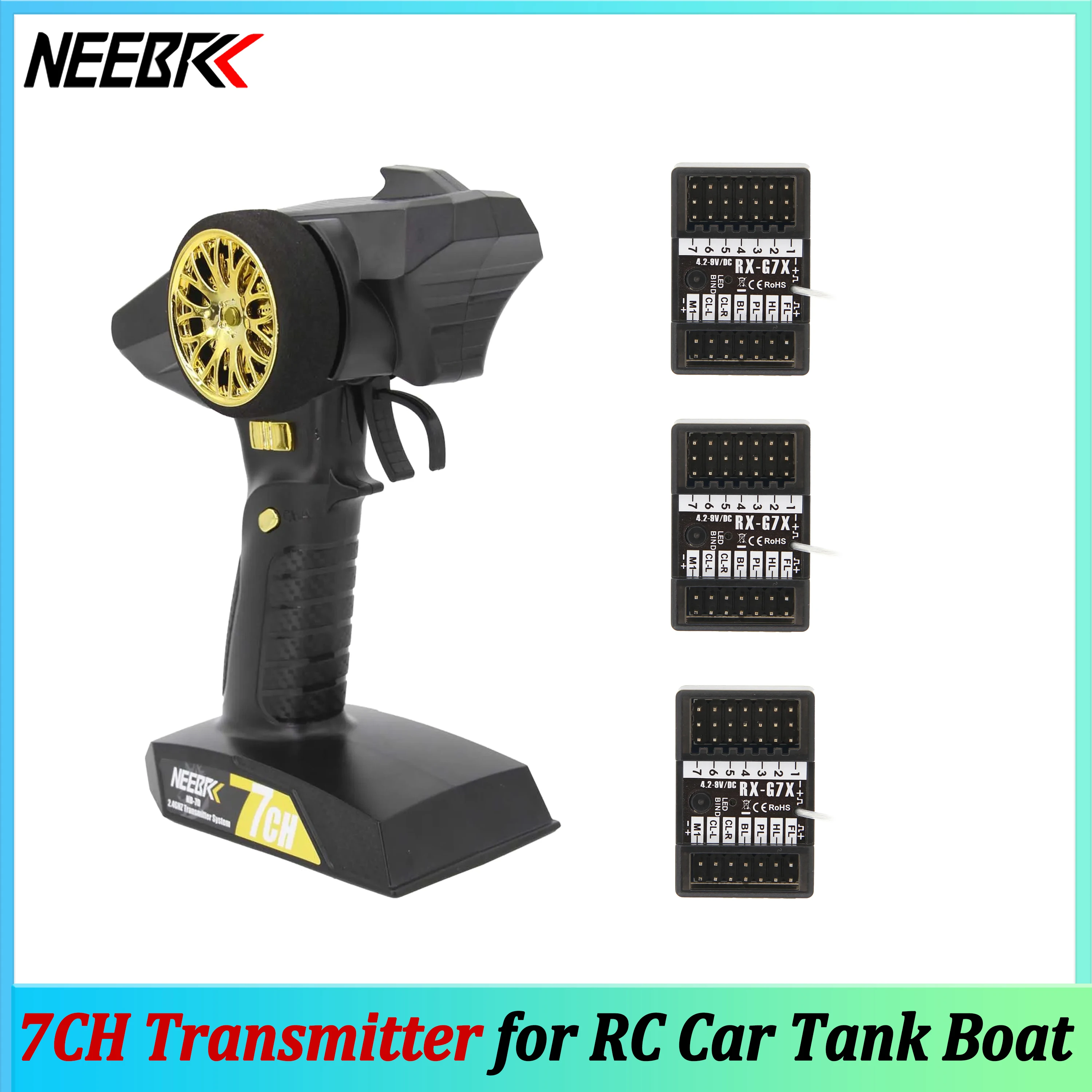 NEEBRC 7CH Transmitter 2.4Ghz Radio System Remote Control Waterproof 3 in 1 Light Control Receiver for RC Car Tank Boat Model
