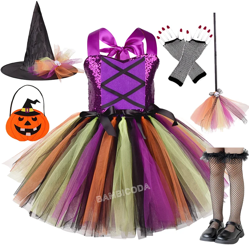 

2025 Disguise Witch Costume for GirlsTutu Knee Dress with Hat Broom Pantyhose Kids Carnival Cosplay Party Halloween Outfit Set