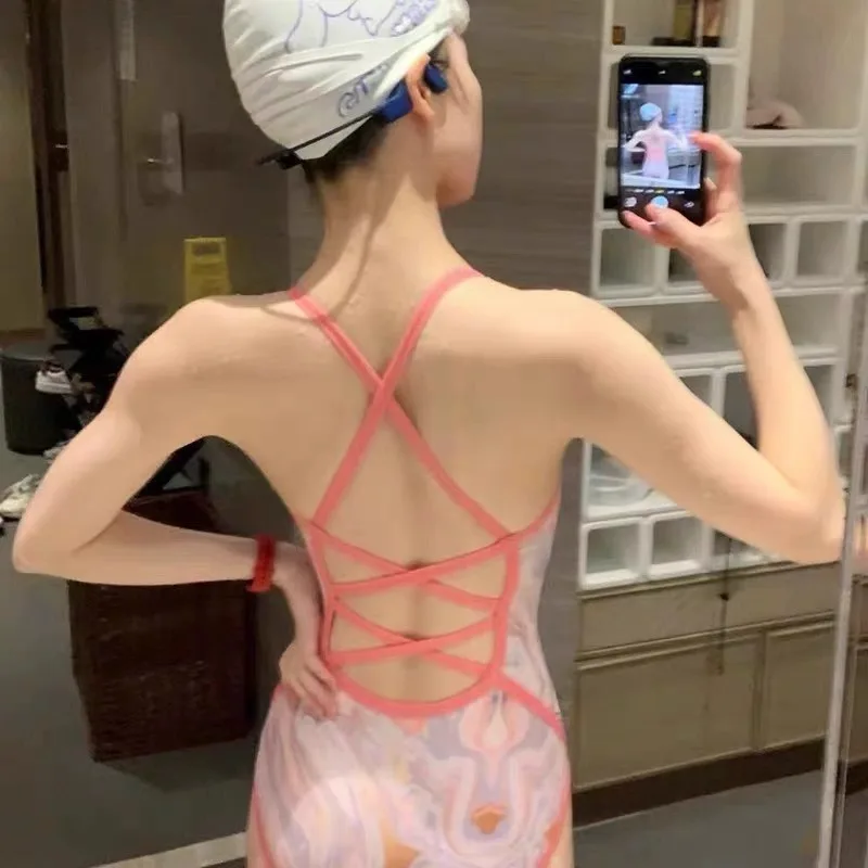 New One-piece Swimsuit for Women with A High-end Feel, Racing To Cover The Belly and Show Off Weight, Backless Swimming