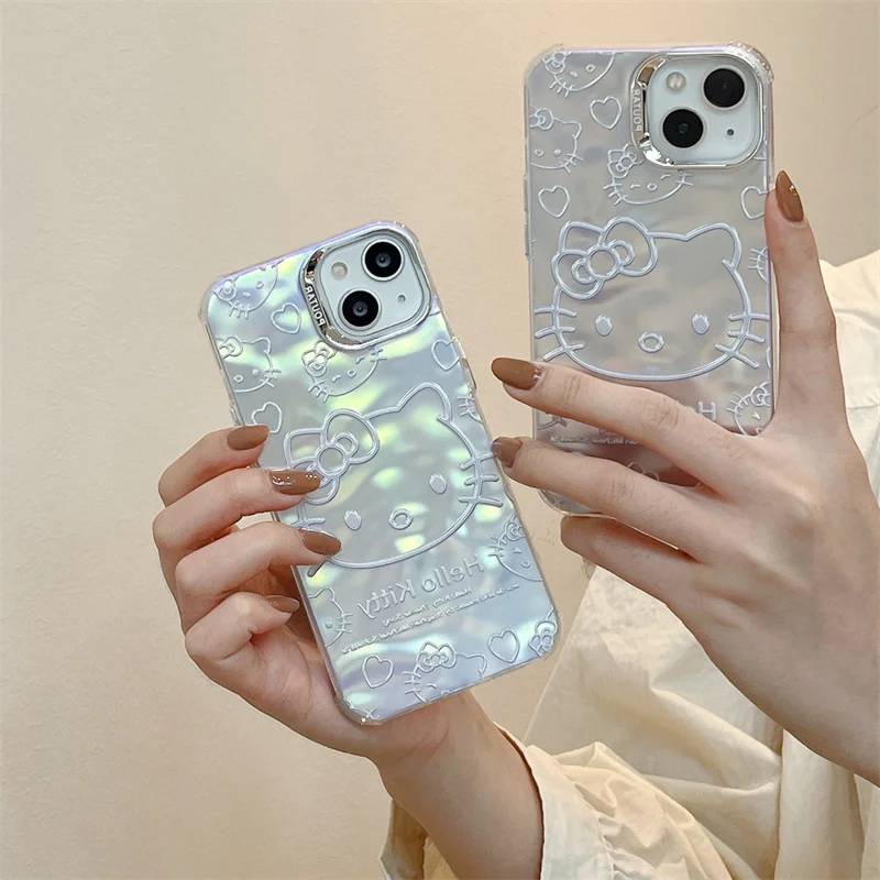 Cartoon Sanrio Hello Kitty Case For iPhone 15 14 13 12 Pro Max INS Hot Cute Large Window Blue Light Water Ripple Back Phone Case