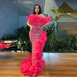 Hot Pink Off The Shoulder Prom Dresses Sparkly Beaded Ruffles Evening Gowns Saudi Arabia Formal Occasion Party Dress Robe