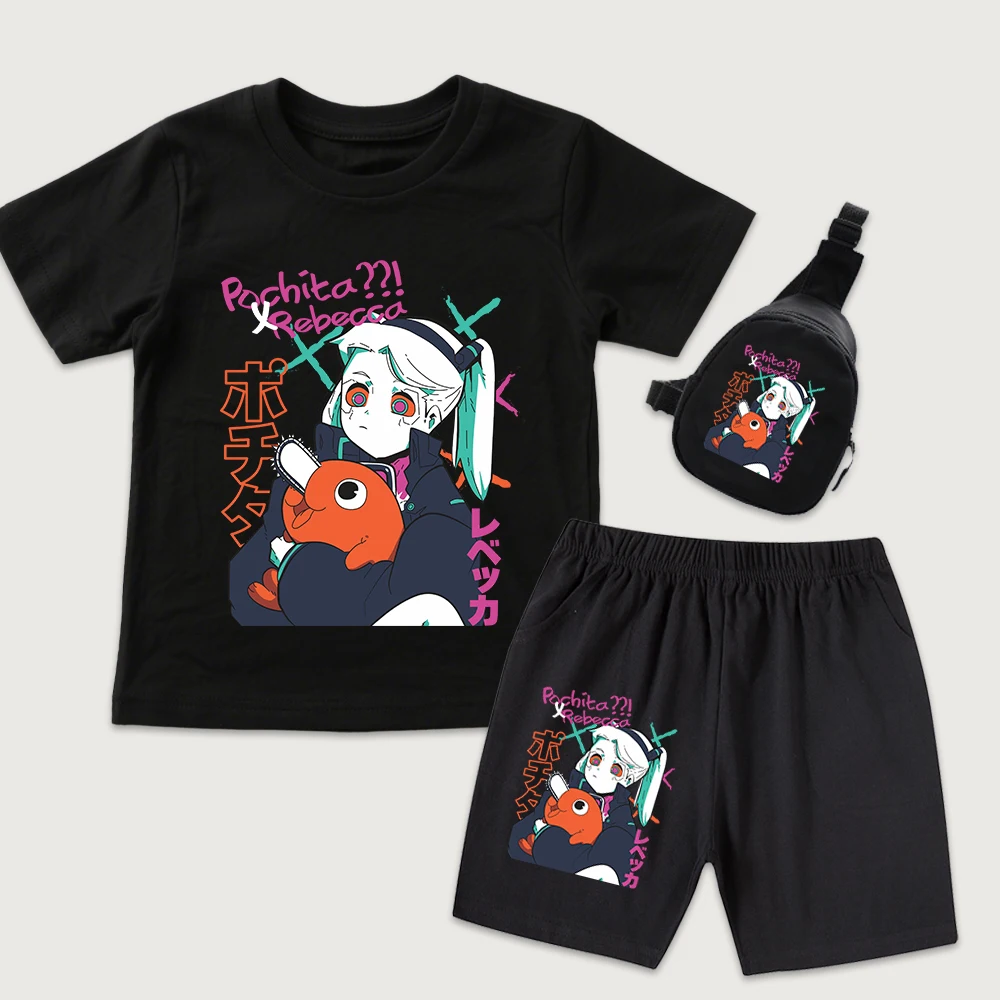 Cyberpunk Edgerunners Rebecca x Pochita Anime Print Kids Cotton T Shirt Shorts Mini Chest Bag 3 Piece Set for Boys Girls