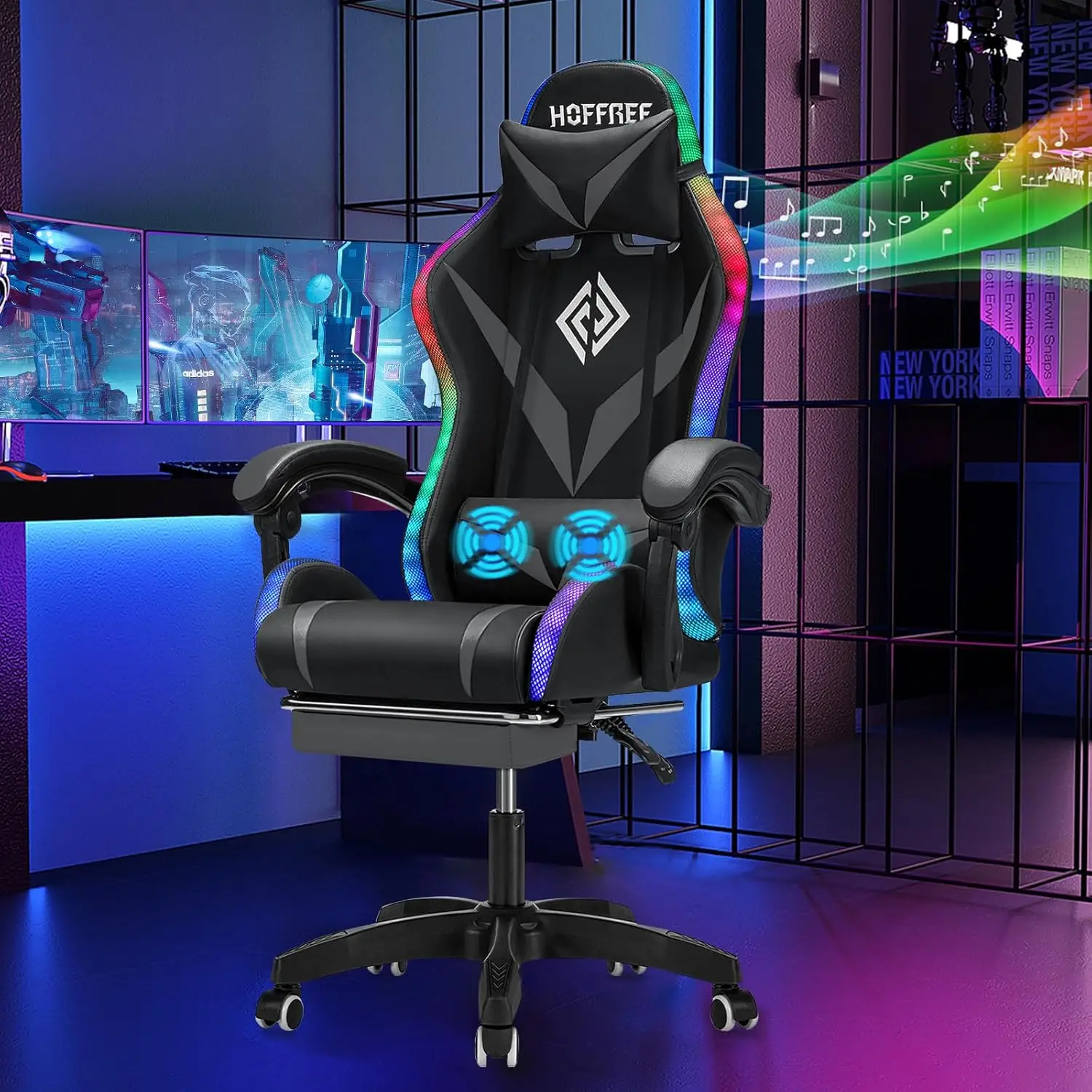 Gaming Chair Massage with Bluetooth Speakers and Led Lights Ergonomic Computer Gaming Chairs with Footrest RGB Video Game Chair