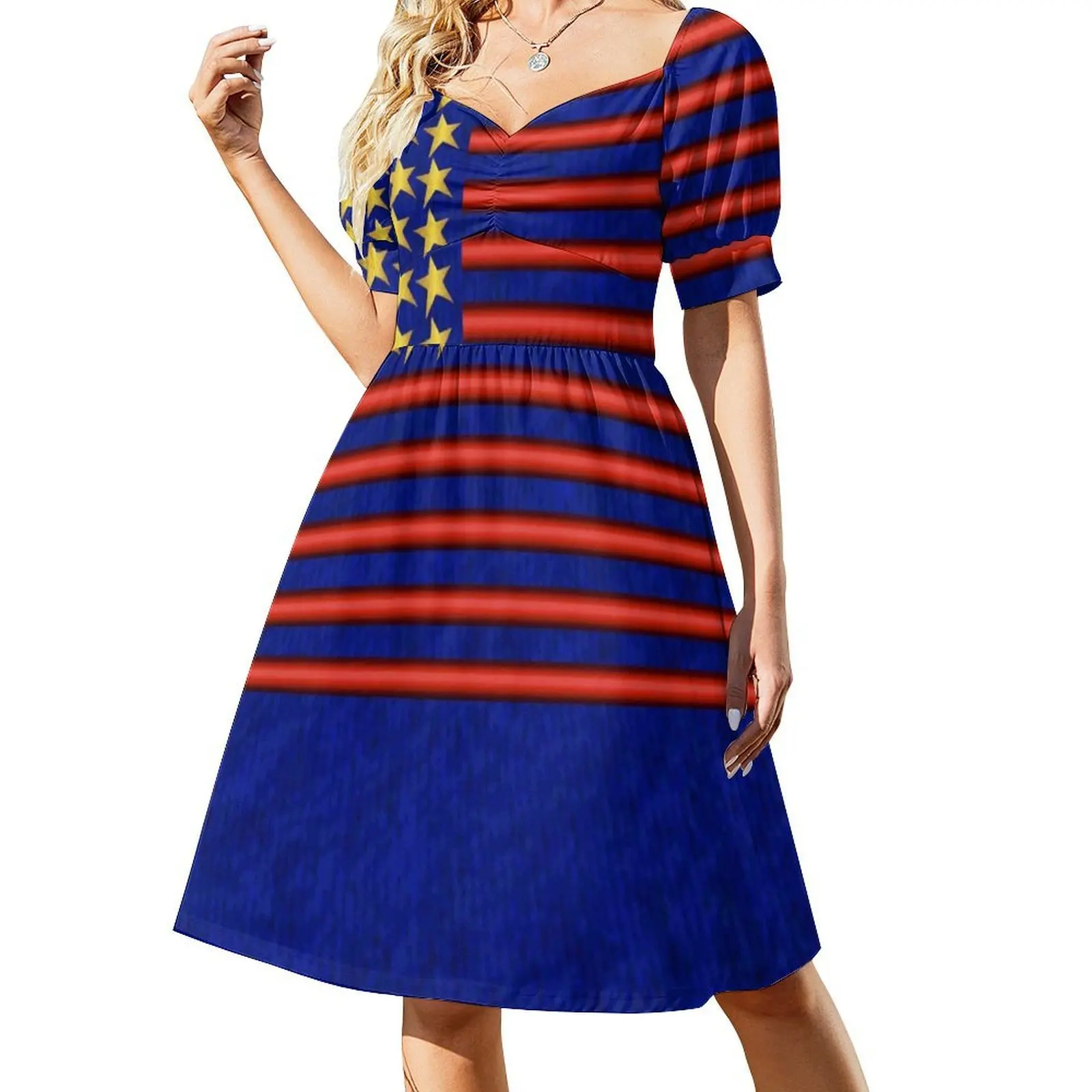 النجوم والمشارب (الولايات المتحدة الأمريكية 1) فستان على الطراز الكوري للنساء فستان كاجوال أنيق للحفلات أو الملابس اليومية نجوم وخطوط الولايات المتحدة الأمريكية