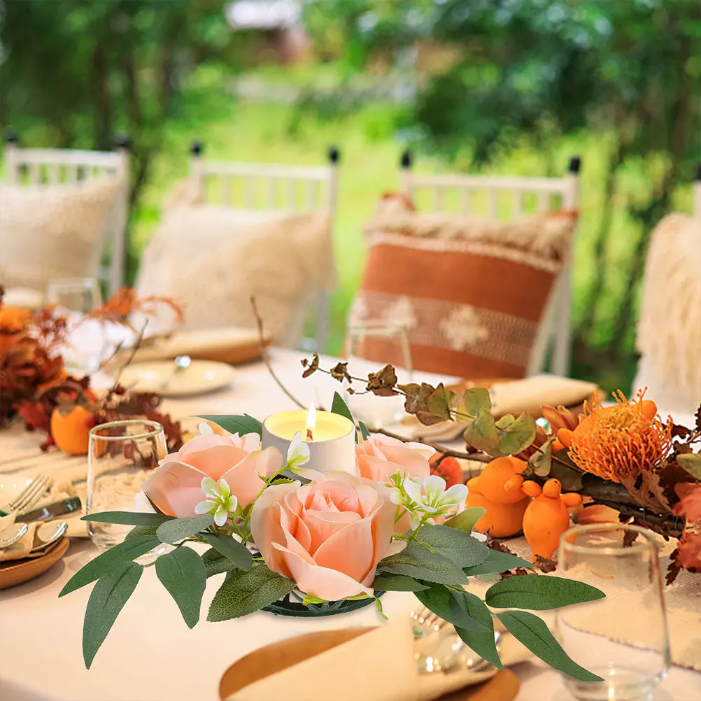 

2Pcs Artificial Rose Rings Realistic Flower Wreath Lightweight Portable Wedding Table Decor Pillar Holder