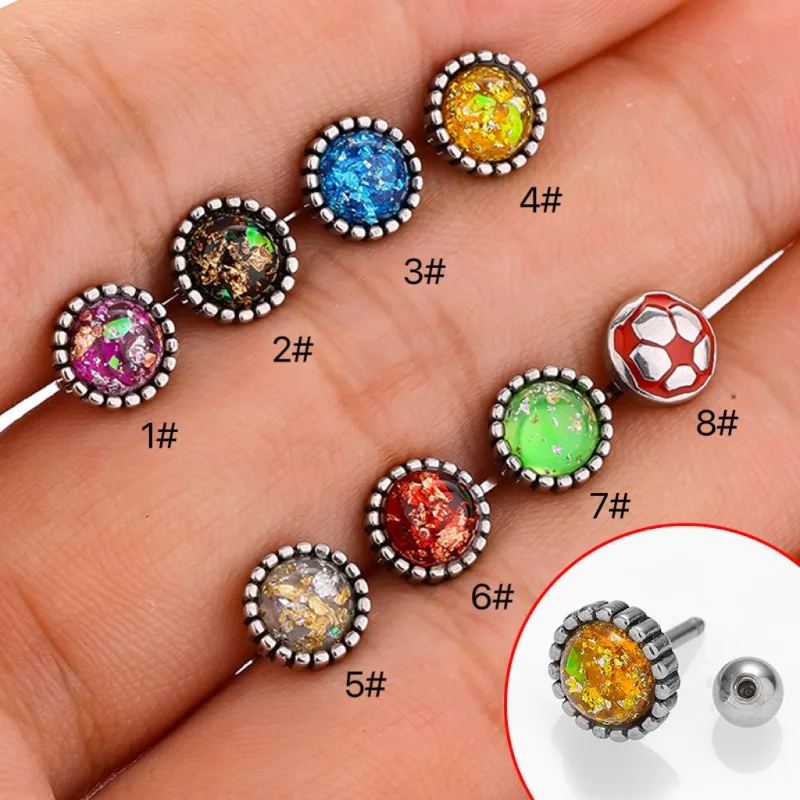 1 Pc Colored Moonstone Stone Football Ear Barb Screw Earrings for Piercing and Perforation of The Ear Jewelry