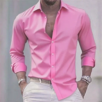 Solid Color Men's Casual White Shirt, Fashionable Casual Long Sleeve Stretch Fabric, Business Formal Shirt, Comfortable Fabric 6