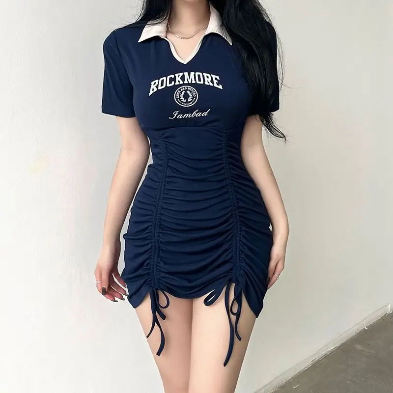 

Preppy Style Drawstring Slim Sexy Mini Dress Summer New Short Sleeve Contrast Casual A-line Skirt Fashion Y2K Women Clothing