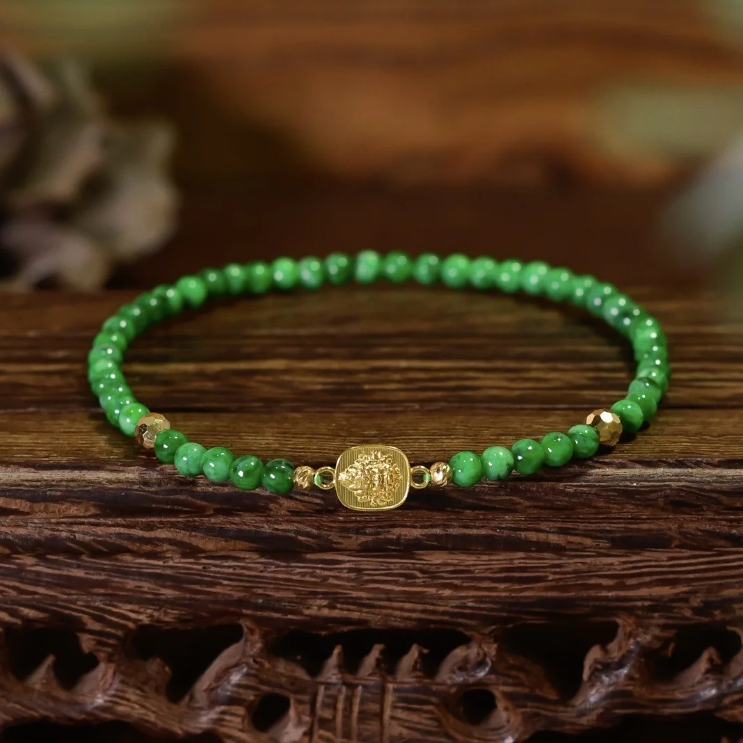 Natural A Grade Full Spicy Green Jadeite Bracelet, 18K Gold Yellow God of Wealth Charm, Round Jade Beads Women Bracelet