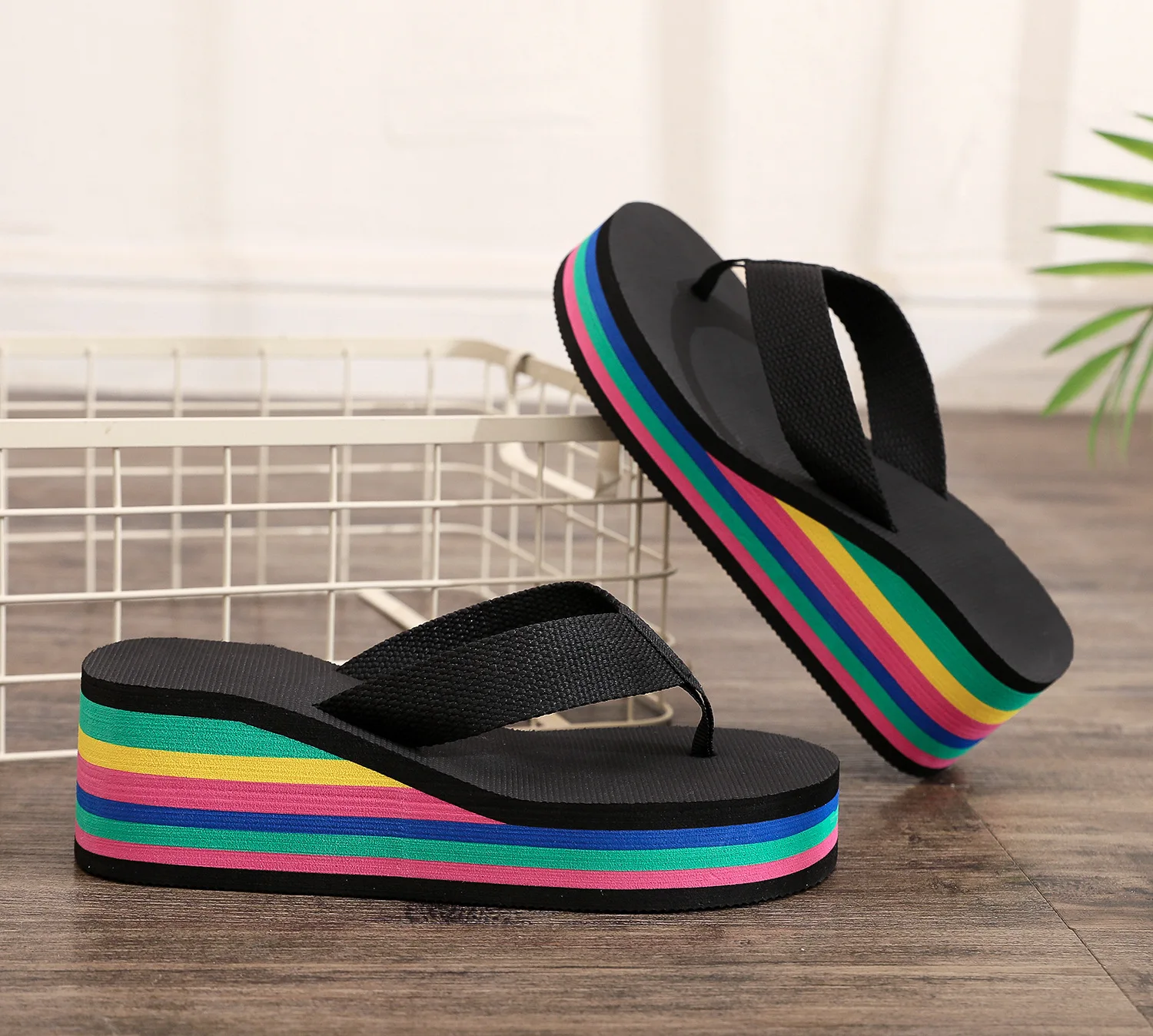 Casual Slippers Women\'s Flip Flops Rainbow Wedged Heeled Open Toe 5cm High Heels Women Sandals Shoes Summer Beach Outdoor Shoes