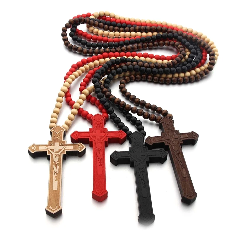 

Catholic Cross Necklace with Wooden Beads, Rosary, Religious Wear, Jesus Carved Pendant Chain, Christian Prayer Jewelry