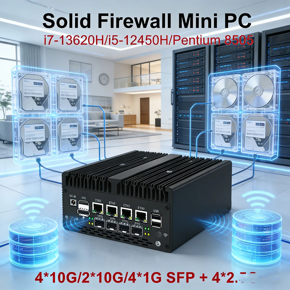 

Full Alloy Firewall Mini PC 4*/2*10G SFP+ Intel i7 13620H 8505 4xi226-V 2.5G 2*DDR5 NVMe Industrial Computer Home Server Proxmox