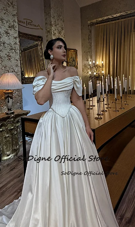 SoDigne فستان زفاف بسيط من الساتان على شكل حرف a بدون أكتاف فساتين عروس طويلة أنيقة زي العرائس رداء De Mairee مخصص #3