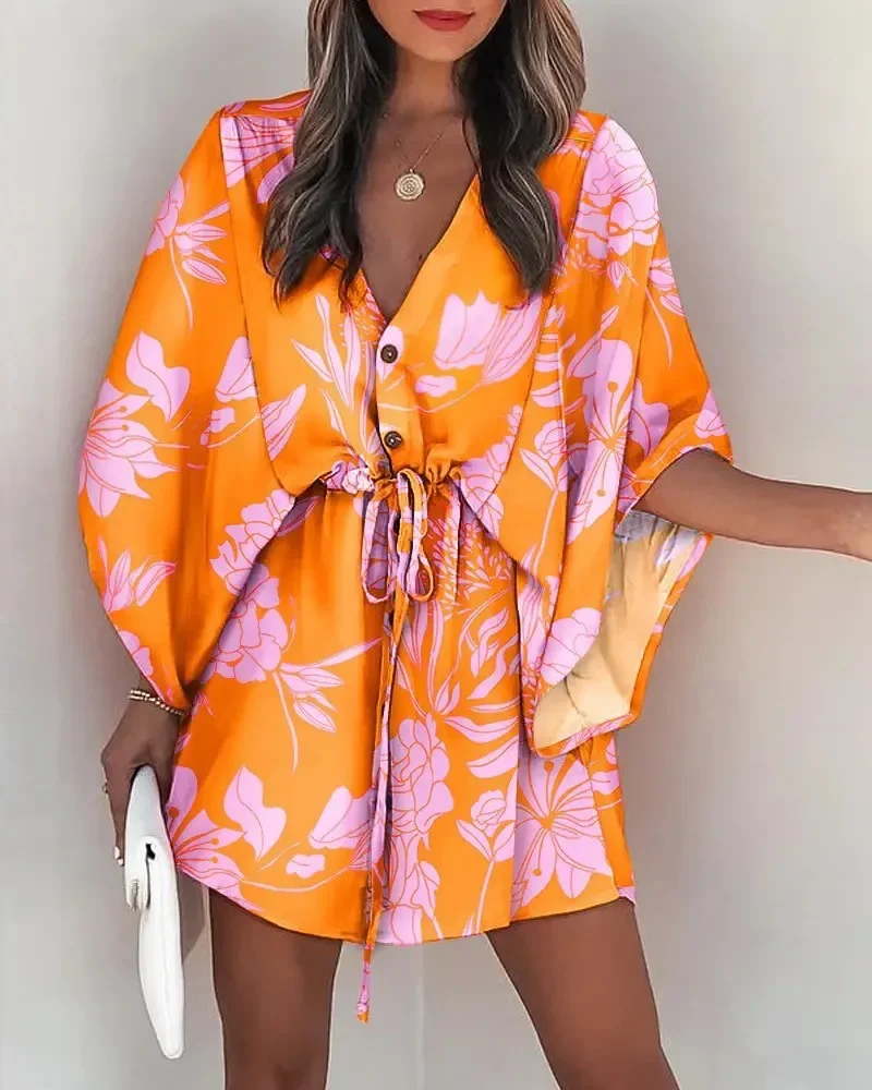 Women Sexy V Neck Mini Dresses Summer Boho Casual Floral Print Batwing Sleeve Dresses Female Ruffle Beach Party Dress Vestidos