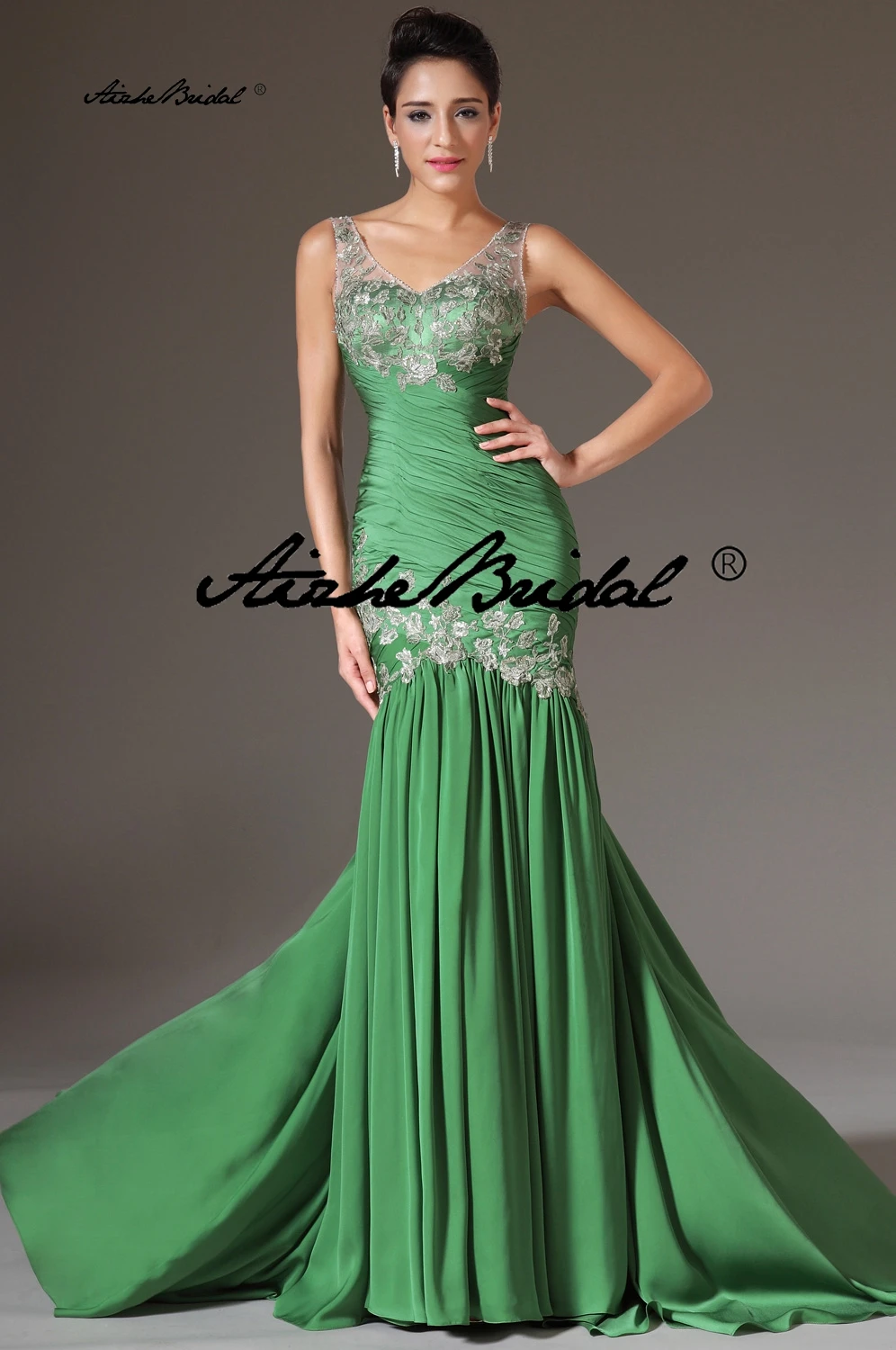 V Neck Appliques Mermaid Evening Gown Dresses Sleeveless Sexy Long Prom Dress Floor Length Sweep Train Robe De Soirée