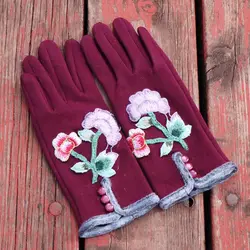 Embroidery 3D Flower Touch Screen Keep Warm Full Finger Glove For Women Girl Winter Outdoor Warm Driving Gloves Mittens