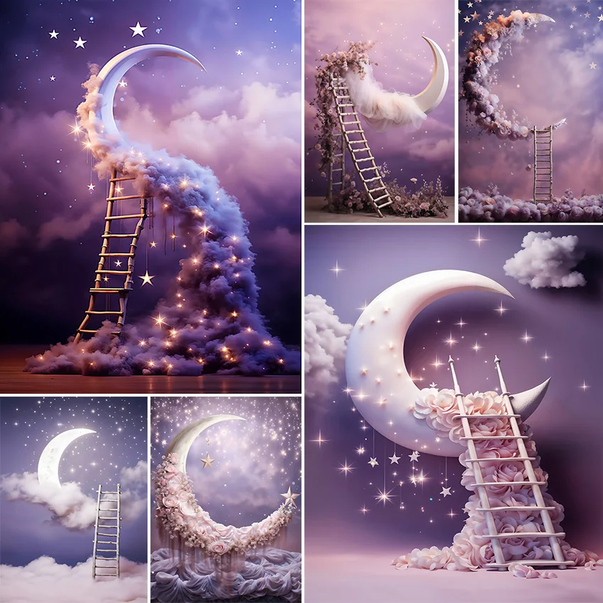 Avezano Photography Background Baby Shower Moon Fantasy Purple Good Night Scaling Ladder Portrait Photo Backdrop Photocall Props