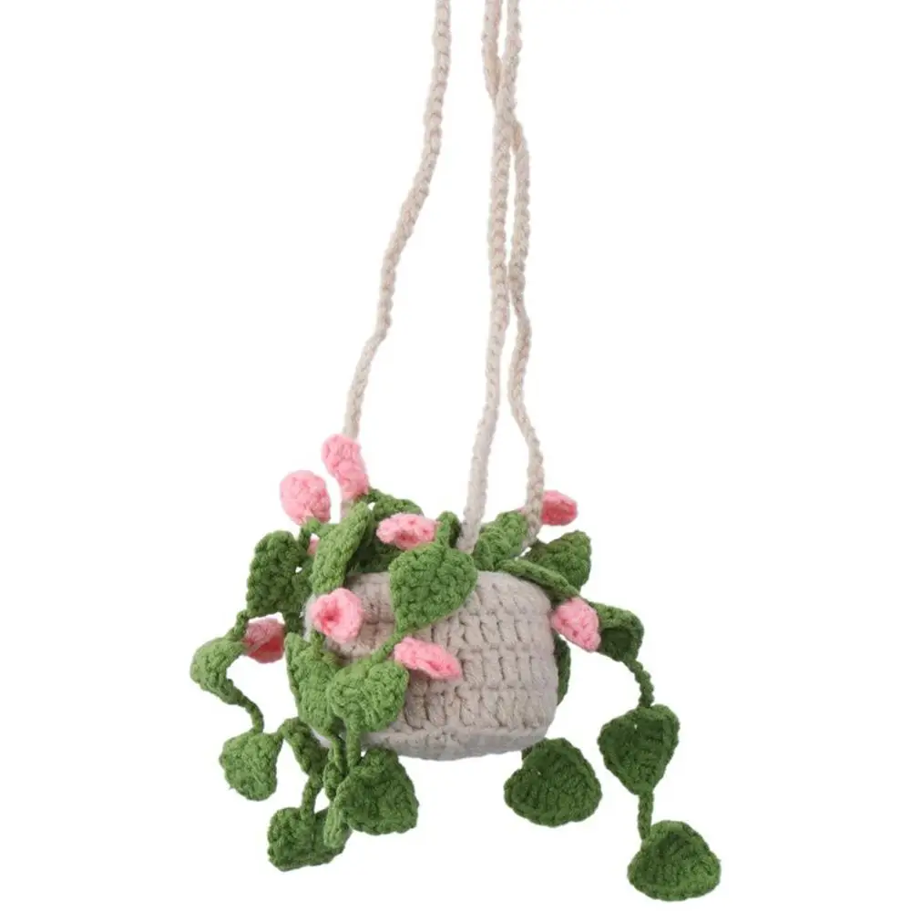 1Pc Car Assessories Parts Green Car Hanging Ornament Cute Crochet Plant Rear View Mirror Pendant Decoration For Car