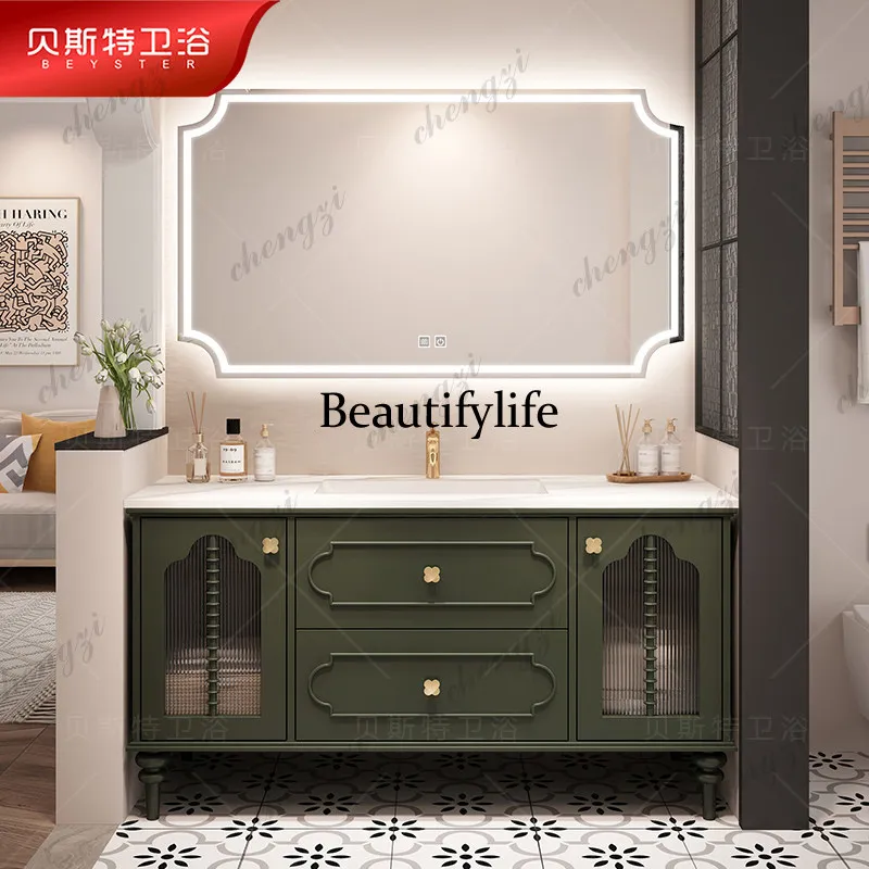 French bathroom cabinet combination oak rock slab seamless integrated ceramic wash basin washstand cabinet