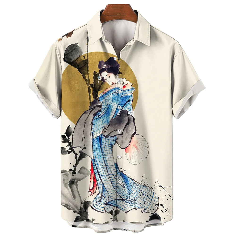 Classical Song Maiden Print Summer Men's Shirts Casual Oversized Short Sleeve Fashion Single-Breasted Blouses Trend Men Clothing