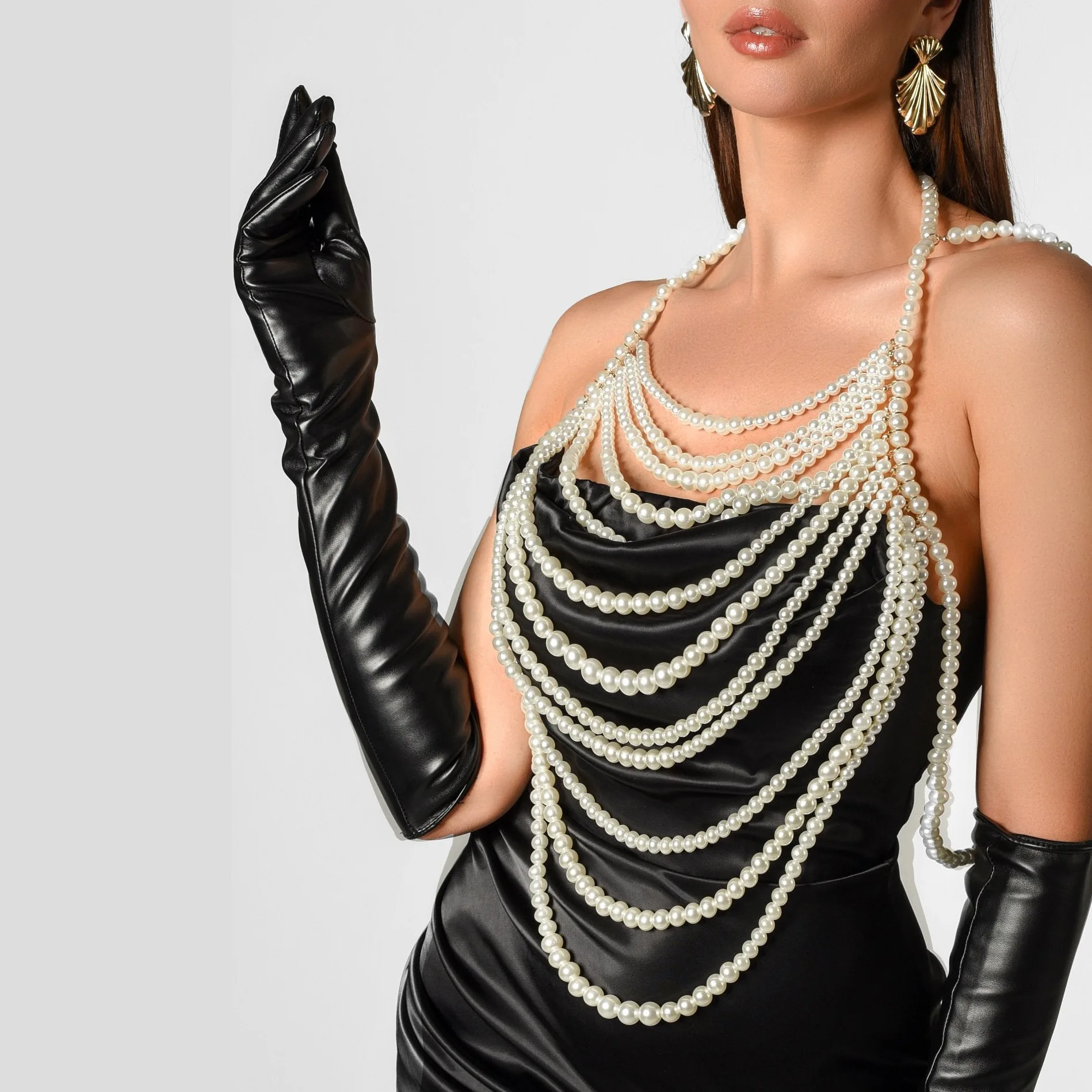 Girlgo Multi Layered Pearl Body Chain Body Chain Fashion Exaggerated Necklace Retro Shawl High End Sexy Dress