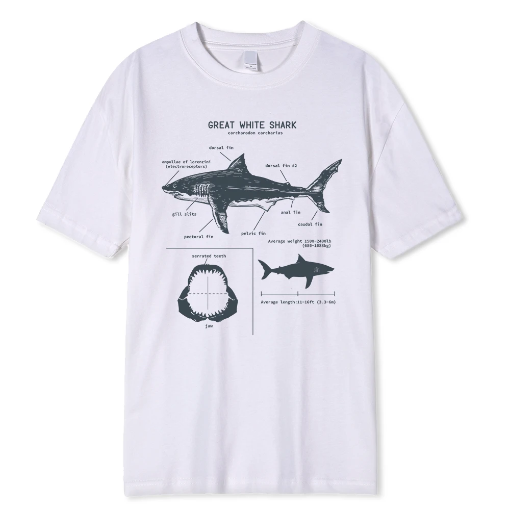 Great White Shark Anatomy T-Shirt New Summer Men Street Short Sleeve Hip Hop Punk Style Boy Casual Tops Fashion White Tees