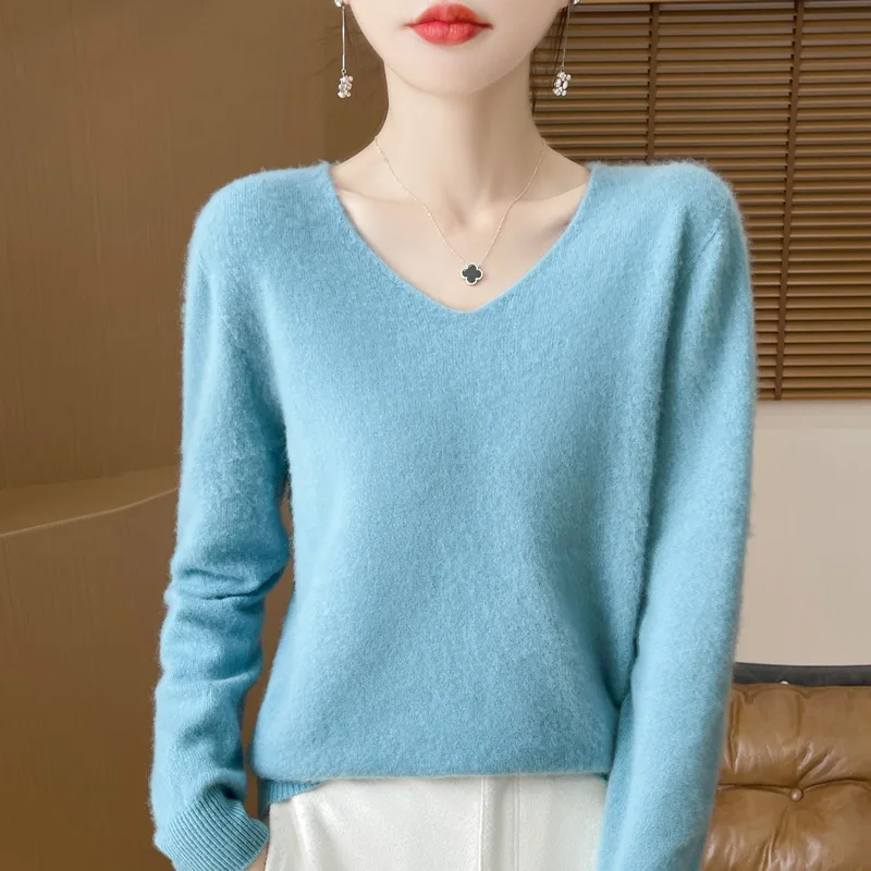 เสื้อคาร์ดิแกนคอวีสีพื้นแขนยาวแบบใหม่สำหรับผู้หญิง