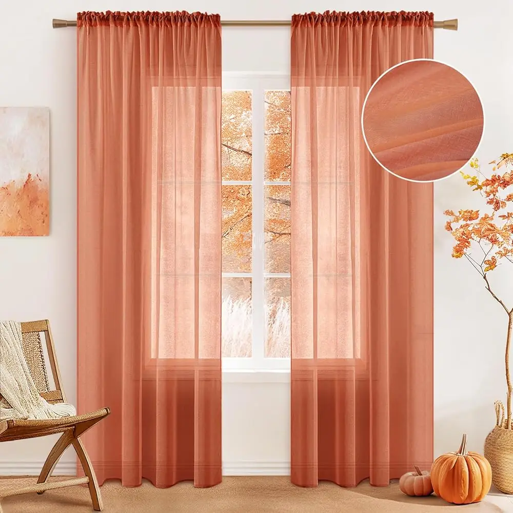 

Burnt Orange Linen Textured Sheer Ains 96 Hes Long For Bedroom/Living Room Semi Transparent Farmhouse Fall Decor Window Net