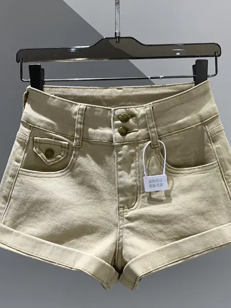 High Waist Double Buckle Khaki Denim Shorts Women's Summer New Slimming Versatile Cuffed Wide Leg A-Line Wrap Hot Pants