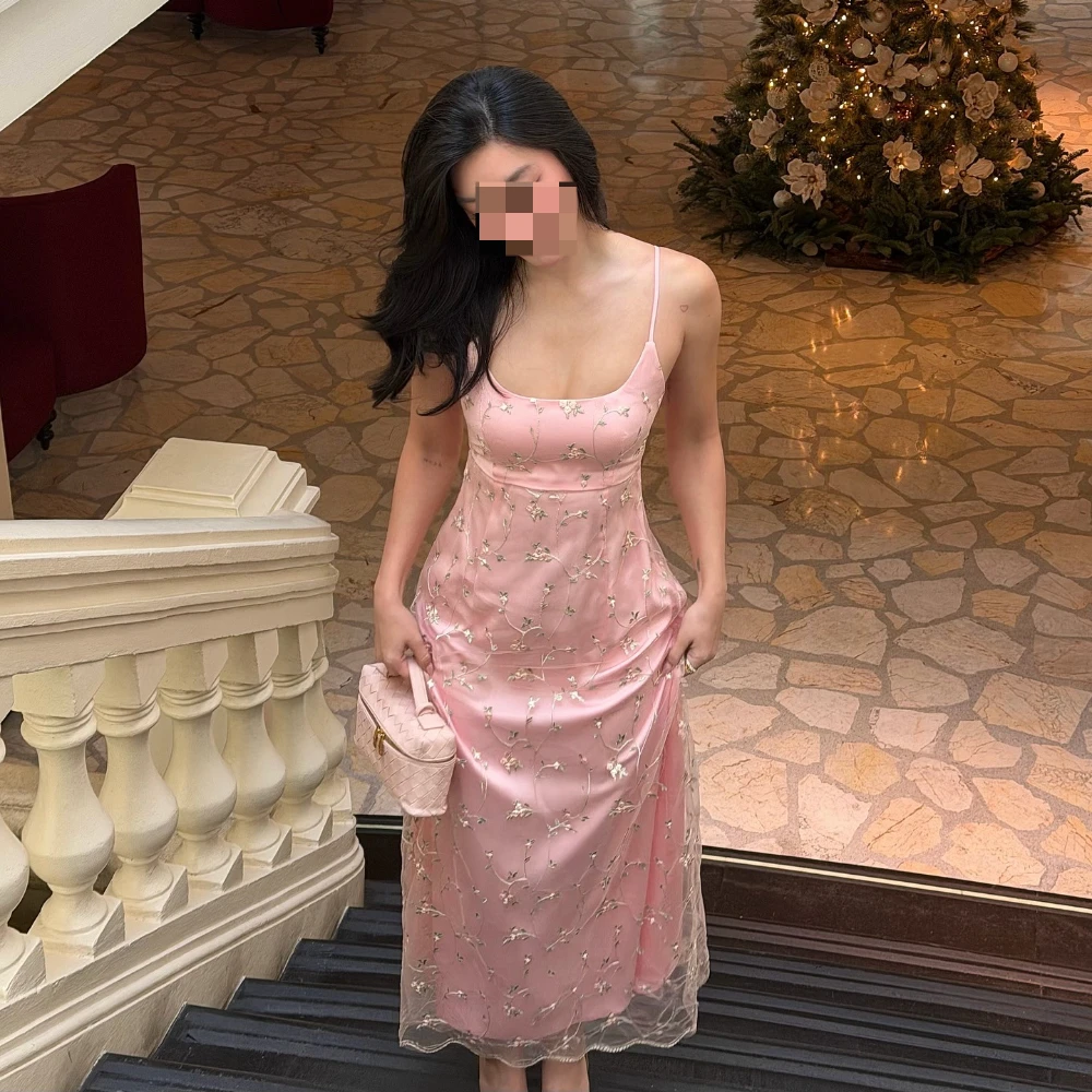 Customized Exquisite Lace Appliques A-line Ankle Length Prom Gowns Sleeveless Spaghetti Strap Evening Dress Party Dress