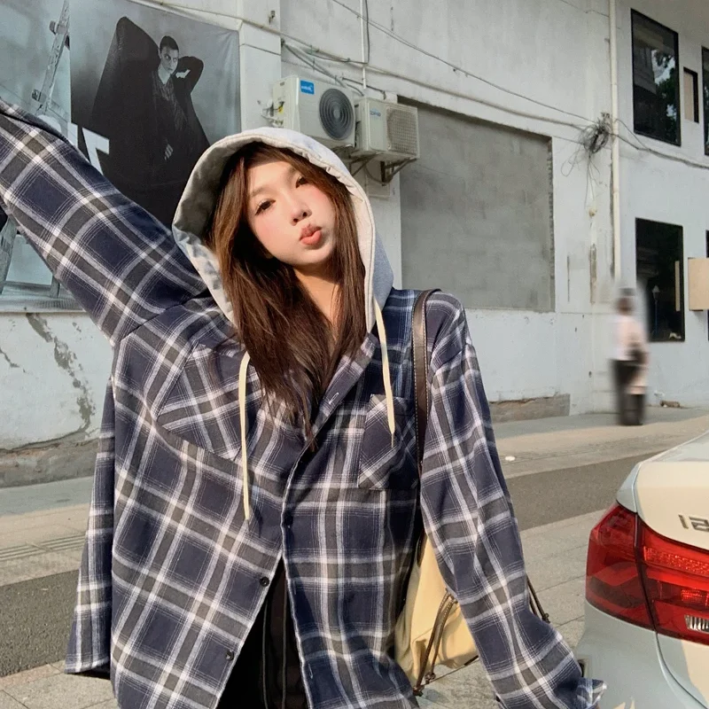

Women Shirt Vintage Hooded Korean Fashion Loose Fit Sun-proof All-match Trendy Ins Popular Streetwear Personality Chic Outwear