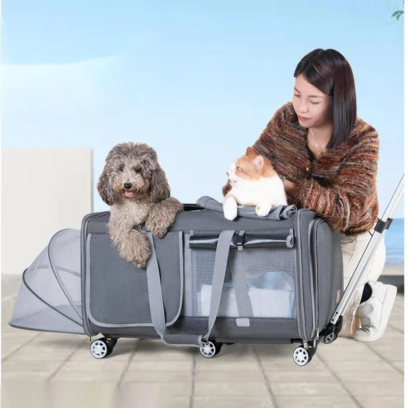 Two Door Isolation Trolley Cart, Widening Enlarging Cat Basket Separate Design, Transport Case, Comfortable Breathable Pet Carry