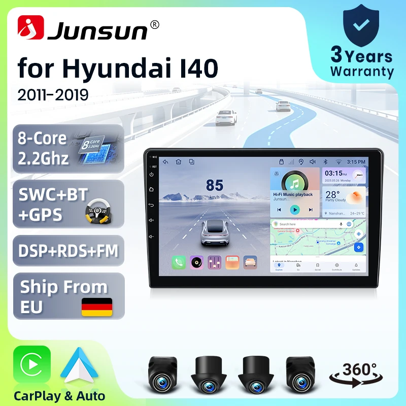 Systèmes stéréo intelligents Android 15 de 9 pouces Junsun pour Hyundai I40 1 VF 2011-2019, autoradio avec CarPlay sans fil, commande vocale AI, écran tactile IPS, lecteur multimédia intelligent, unité principale 2 Din, GPS, Mirror Link, Bluetooth automobile, 4G, DSP 8 cœurs, RDS, SWC, DAB