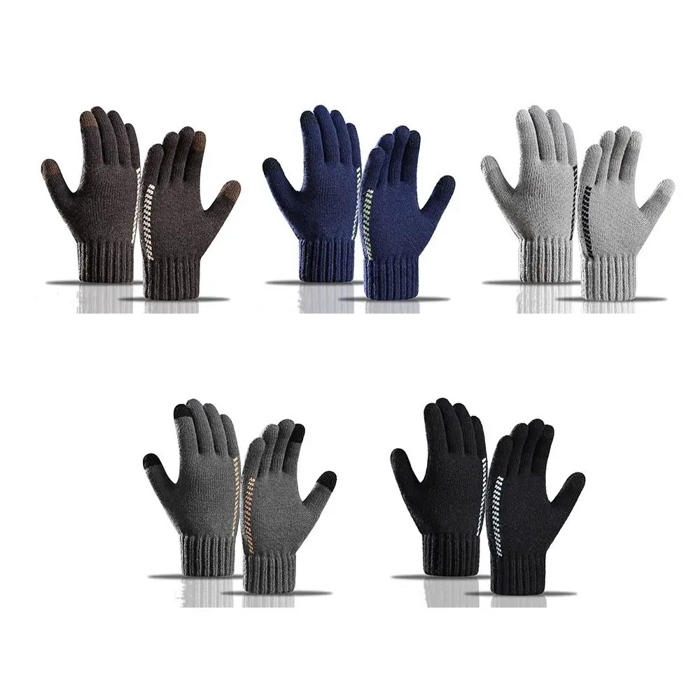 

Soft Touchscreen Men Knitted Gloves Thickened Solid Color Knitted Woolen Gloves Nonslip Warm Full Finger Gloves Fishing