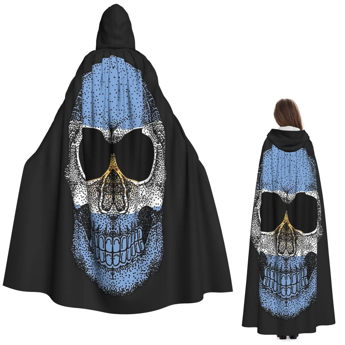 

Argentina Flag Skull Long Hooded Cloak Witch Medieval Costume Cosplay Cape HalloweenParty Adult Unisex
