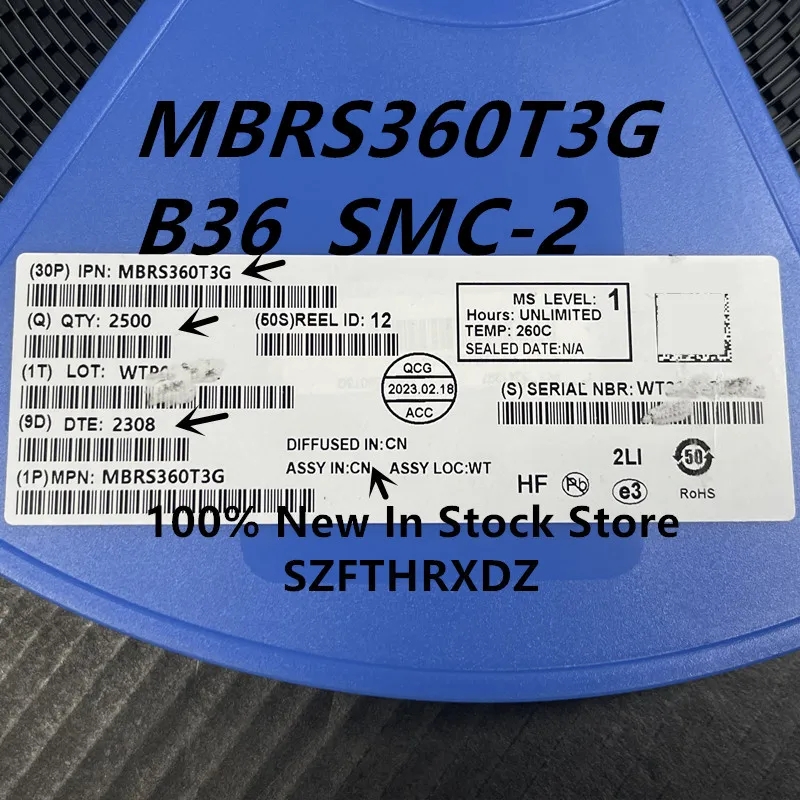 100% NEW ORIGINAL MBRS360T3G B36 SMC-2 Diode Schottky Si 60V 4A 2-Pin